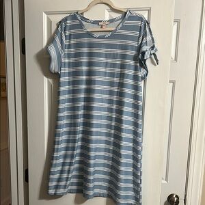 Como Vintage Blue and White Striped Short Sleeve Dress with Bows Size XXL